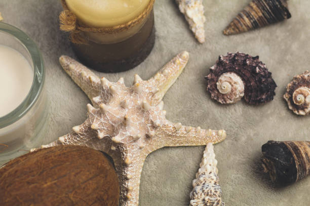 istock Candles and seashells on a gray background 1052965466