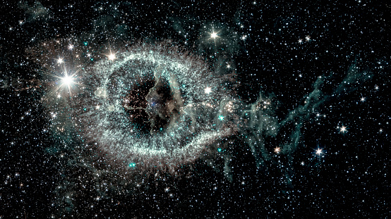The Helix nebula, a cosmic starlet eerie resemblance to a giant eye on a background of a colorful universe, collage. Elements of this image furnished by NASA.