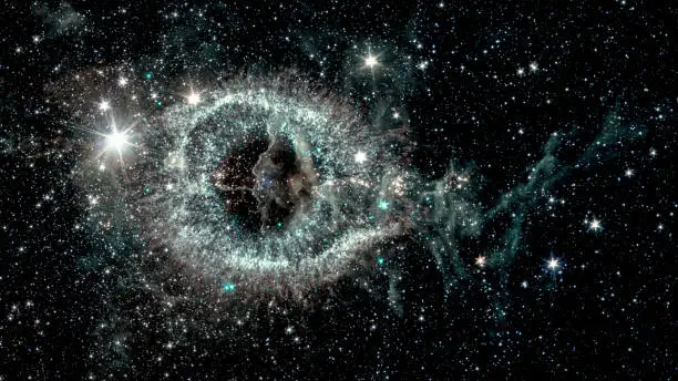 Photo of The Helix nebula, a cosmic starlet eerie resemblance to a giant eye on a background of a colorful universe, collage. Elements of this image furnished by NASA.