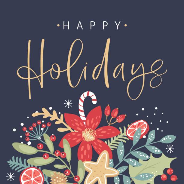 ilustrações de stock, clip art, desenhos animados e ícones de happy holidays calligraphy. handwritten modern brush lettering. hand drawn design elements. trendy vintage style. - holidays