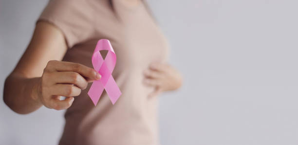 乳房癌意識の概念。ヘルスケアと医療。子宮内膜症、医学のピンクのリボンの意識シンボルを保持している女性の手。予防の胸肉。 - 乳がん ストックフォトと画像