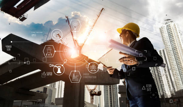 a futuristic architect, businessman, industry 4.0. engineer manager using tablet with icon network connection in construction site, industrial and innovation. industry technology concept. - building contractor engineer digital tablet construction imagens e fotografias de stock