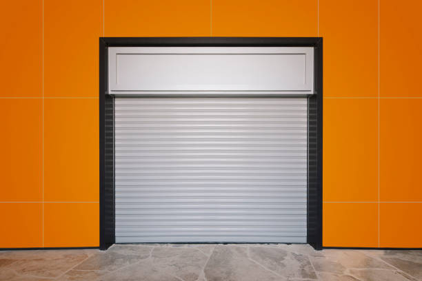 The shutter door on the orange wall