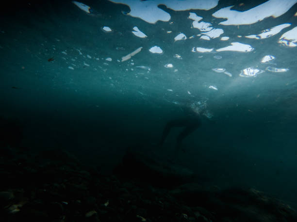 istock Underwater and submarine view with snorkeling scene 1052980594
