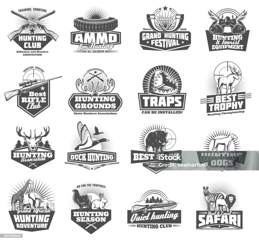 Hunting club icons. Vector animals and ammunition Hunting club symbols and wild animals icons, hunter open season adventure. Vector ammo rifle fun or knife and binoculars with trap, duck, elk or deer antlers and african safari zebra or lion Hunting - Sport stock vector