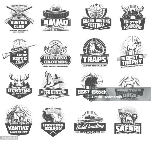 Hunting Club Icons Vector Animals And Ammunition Stock Illustration - Download Image Now - Hunting - Sport, Hunter, Icon Symbol