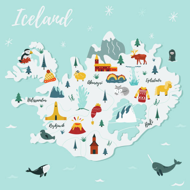 islandia kreskówka wektorowa mapa. ilustracja podróżna z punktami orientacyjnymi, zwierzętami i miejscami przyrodniczymi. obraz ze wszystkimi głównymi atrakcjami turystycznymi. - iceland stock illustrations