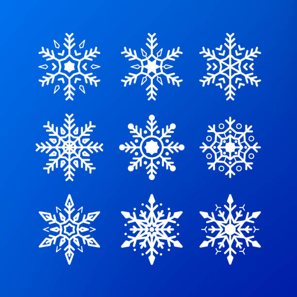 illustrations, cliparts, dessins animés et icônes de jeu d’icônes de flocon de neige. flocons de couleur blanche isolées sur fond bleu. hiver noël flocon de neige cristal décoration élément. xmas gel plat isolé silhouette symbole. illustration vectorielle - snowflake ice crystal christmas snow