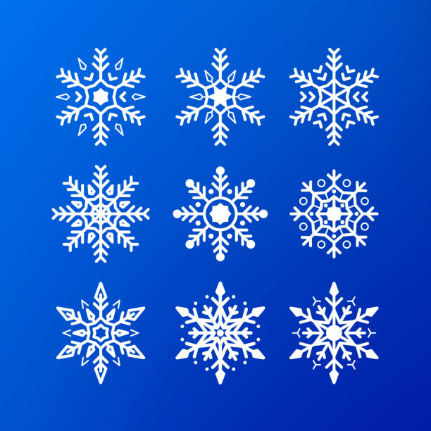 Snowflake icon set. white color snowflakes isolated on blue background. Winter christmas snowflake crystal decoration element. Xmas frost flat isolated silhouette symbol. Vector illustration Snowflake icon set. white color snowflakes isolated on blue background. Winter christmas snowflake crystal decoration element. Xmas frost flat isolated silhouette symbol. Vector illustration snowflake shape silhouettes stock illustrations