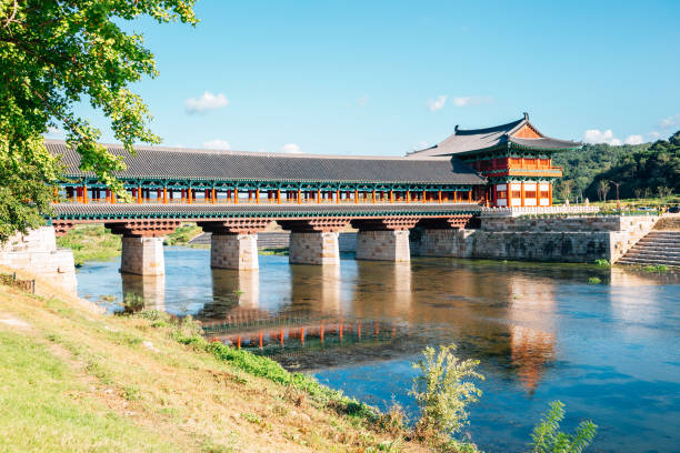 woljeong bridge korean traditional architecture and river in gyeongju, korea - architecture art blue bridge imagens e fotografias de stock