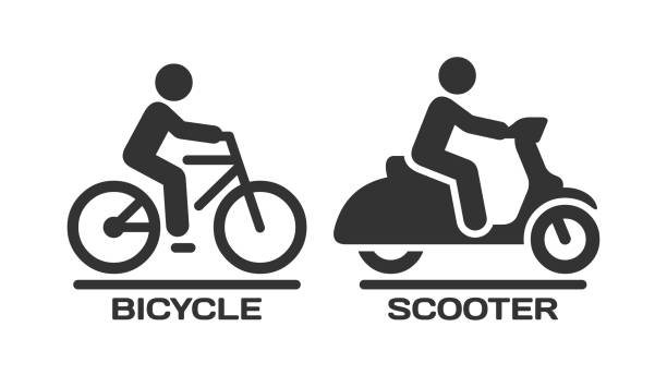 vektor-isolierte fahrrad- und motorroller-symbol. motorrad und fahrrad mit fahrer unterwegs silhouette symbole. - scoot stock-grafiken, -clipart, -cartoons und -symbole