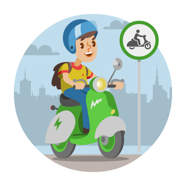 isolierte vektor-illustration der elektroroller wirh fahrer. farbe-motorrad auf hintergrund und motorrad wahrzeichen der stadt. - scoot stock-grafiken, -clipart, -cartoons und -symbole