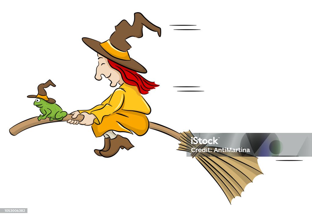 witch and her toad flying on a broom vector illustration of a witch and her toad flying on a broom Adult stock vector