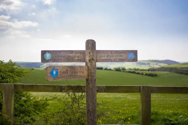 A sign post for the South Downs Way footpath near the Clayton Windmills Sussex UK