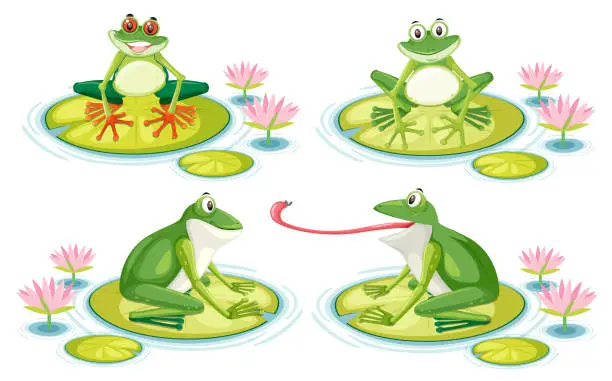 Vector illustration of Set of frog on lotus pad