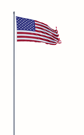 High quality 3d render of an American flag waving with wind on white background. Clipping path is included. Great use for American politics and American culture related concepts. Vertical composition.