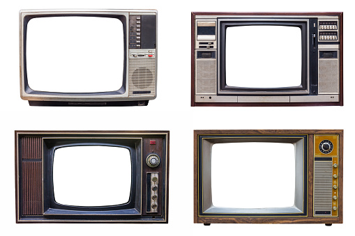 set of classic vintage retro style old television with cut screen, old tv isolated on white background