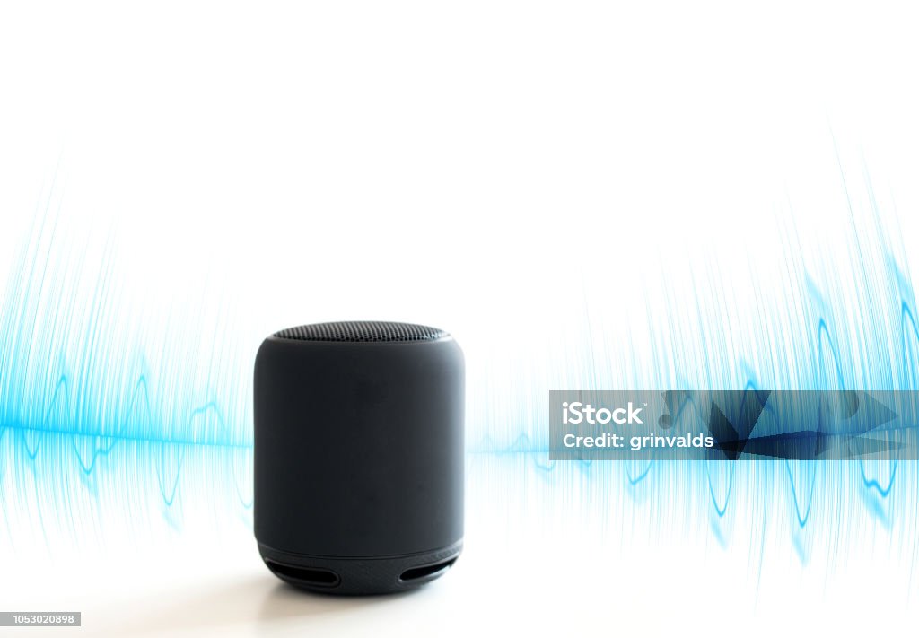 Smart speaker isolated on white Smart speaker with blue sound waves isolated on white Virtual Assistant Stock Photo