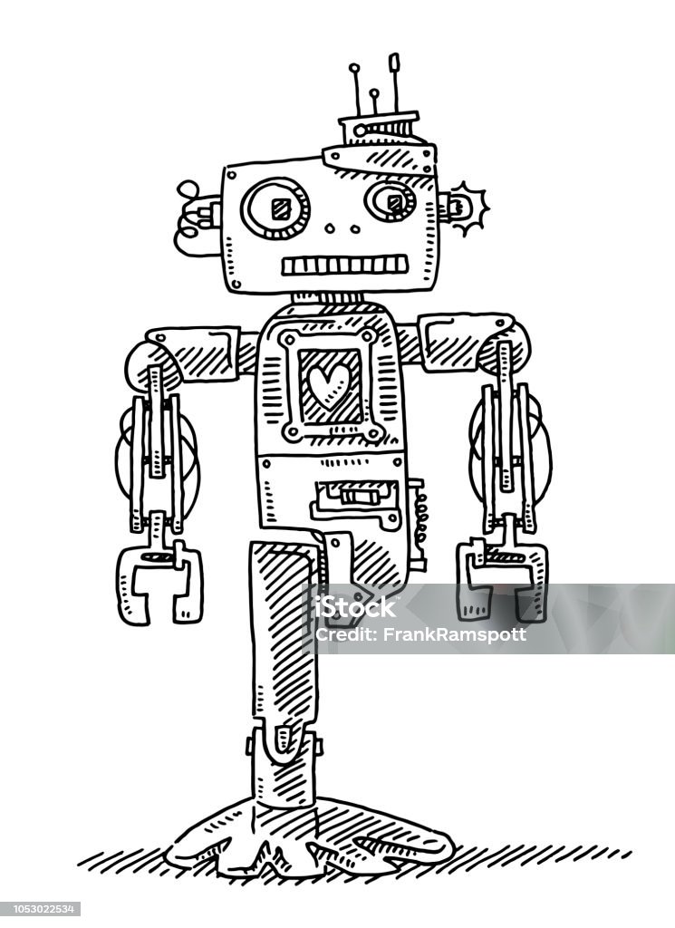 Cute Cartoon Disabled Robot Heart Drawing Hand-drawn vector drawing of a Cute Cartoon Disabled Robot with a visible Heart at his chest. Black-and-White sketch on a transparent background (.eps-file). Included files are EPS (v10) and Hi-Res JPG. Antenna - Aerial stock vector