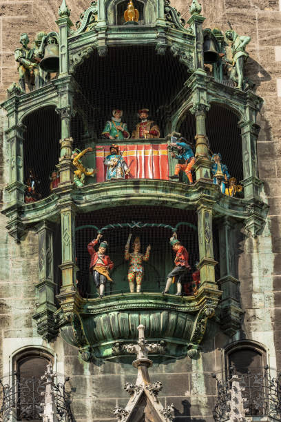 Glockenspiel - Detail of the ancient carillon of the Neue Rathaus of Munich (New Town Hall) XIX century neo-Gothic style palace in Marienplatz. Germany, Europe