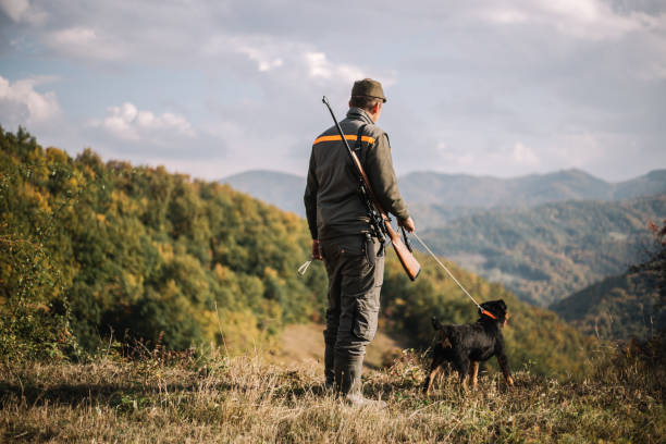 cacciatore con cane - rifle hunting gun aiming foto e immagini stock