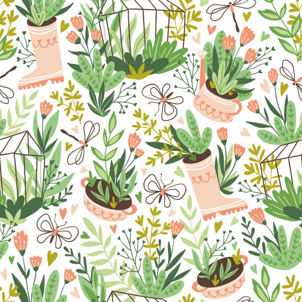 귀여운 벡터 계절 완벽 한 패턴입니다. 꽃과 식물은 온실에서 성장. 봄 끝 없는 정원 배경. 행복 한 원 예입니다. - 3639 stock illustrations
