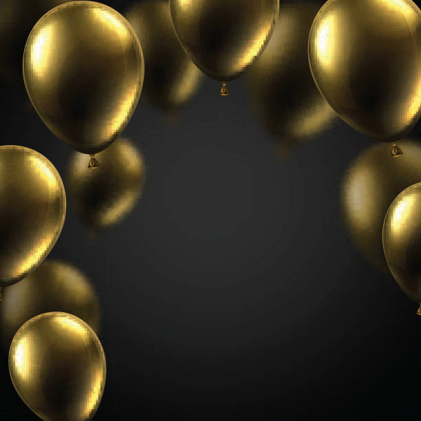 istock Black festive background with gold shiny balloons. Holiday decoration. 1053034058