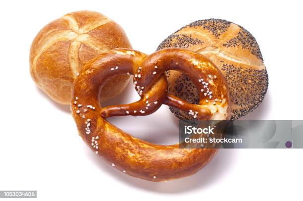 German Bread And Pretzel On White Stock Photo - Download Image Now - Baked, Bavaria, Bread