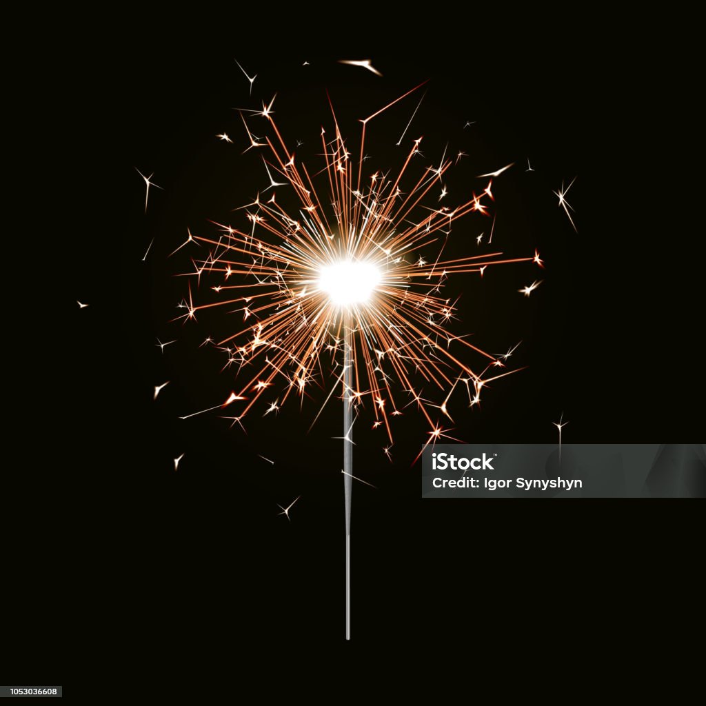 Bengal fire. New year sparkler candle isolated on black background. Realistic vector light effect. P Bengal fire. New year sparkler candle isolated on black background. Realistic vector light effect. Party backdrop. Sparkler vector firework. Magic light. Winter Xmas decoration illustration. Sparkler - Firework stock vector