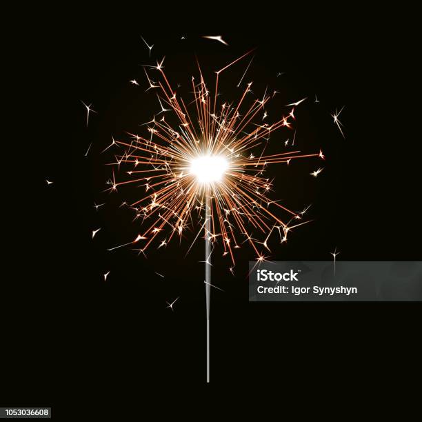 Bengal Fire New Year Sparkler Candle Isolated On Black Background Realistic Vector Light Effect P Stock Illustration - Download Image Now