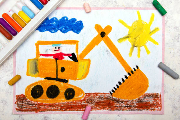 istock Colorful hand drawing: big yellow excavator 1053037390