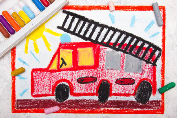 istock Colorful hand drawing: red fire truck with a ladder 1053039432