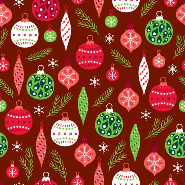 Vector illustration of Christmas seamless pattern with fir branches, balls, baubles and snowflakes