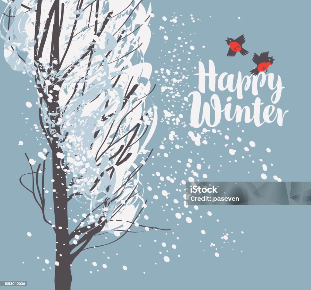 winter snowy landscape with snow covered tree Vector illustration with calligraphic inscription Happy Winter. Snowy winter landscape with snow-covered tree and funny birds Winter stock vector