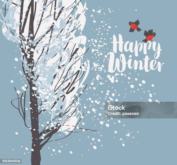 Winter Snowy Landscape With Snow Covered Tree Stock Illustration - Download Image Now - Winter, Bird, Tree