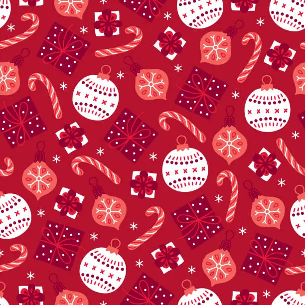 Vector illustration of Christmas seamless pattern with gift, ball, bauble, candy, snowflake