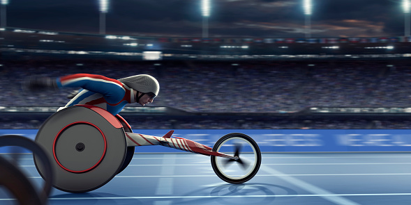 Composite image featuring computer generated elements, including athlete dressed in generic red, white and blue athletics kit and safety helmet, pushing racing wheelchair at high speed on a blue athletics track past the finish line in front of competitors. Action occurs in a generic outdoor floodlit athletics stadium at night.