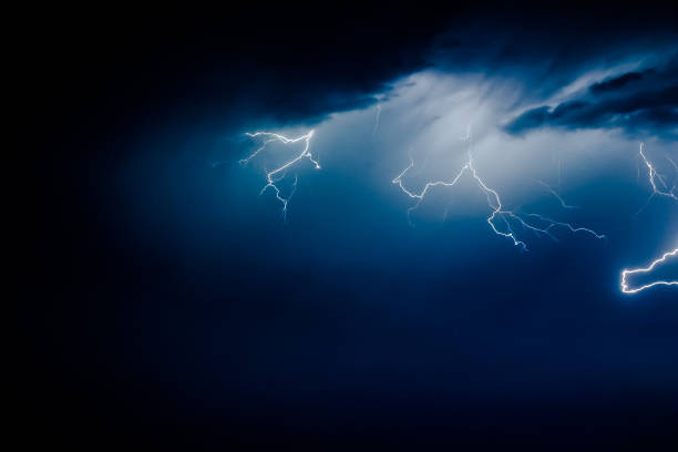 istock bright lightning that goes into depth of black sea, with branching branches in different directions, which illuminate the southern coast of Crimea and Yalta 1053040608