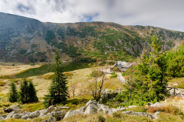 istock View on Small Pond with 'Samotnia' mountain hut. 1053045870