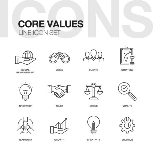 illustrations, cliparts, dessins animés et icônes de ensemble d’icônes base valeurs ligne - modèle social