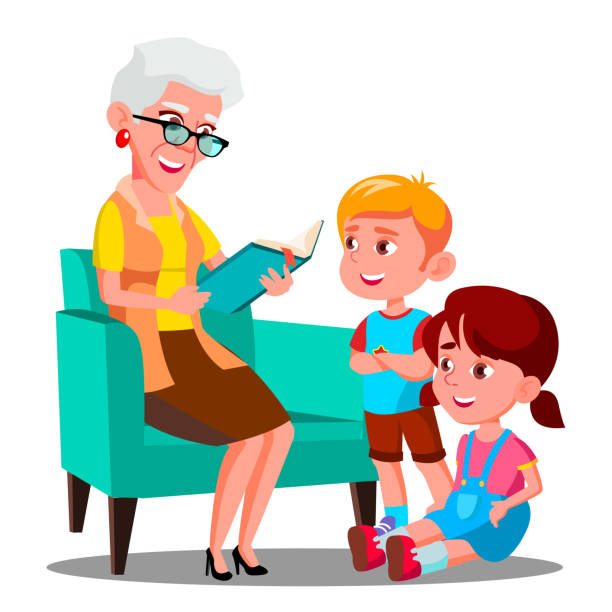 babcia czyta książkę do wnuków wektor. ilustracja izolowana - grandmother reading child grandson stock illustrations