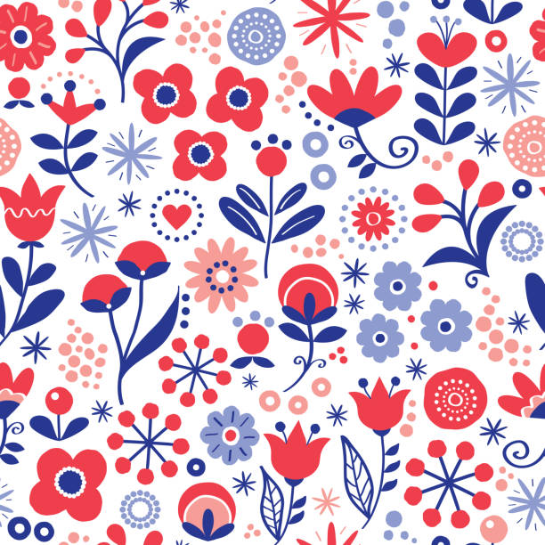 ilustraciones, imágenes clip art, dibujos animados e iconos de stock de patrón floral vector transparente - vintage dibujado mano diseño textil de estilo escandinavo con flores rojas y azules marino sobre fondo blanco - cultura escandinava