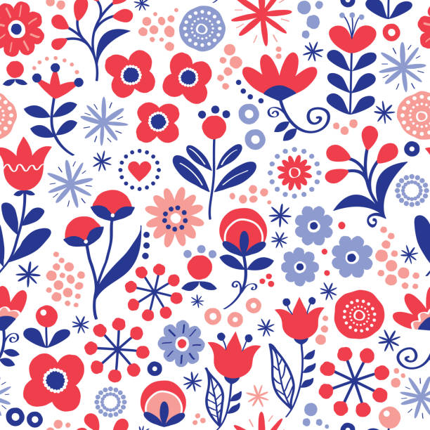 illustrations, cliparts, dessins animés et icônes de motif floral vectorielle continue - vintage dessiné main design textile style scandinave avec des fleurs rouges et bleus marine sur blanc - double tulip