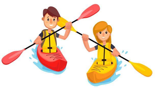 ilustrações de stock, clip art, desenhos animados e ícones de couple rides a kayak boat on the lake vector. isolated illustration - rowboat nautical vessel men cartoon