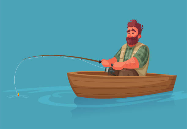 Fisherman with fishing rod. Cartoon vector illustration. Fisherman with fishing rod. Fishing concept. Cartoon vector illustration. Catch a fish on a boat fishing tackle stock illustrations