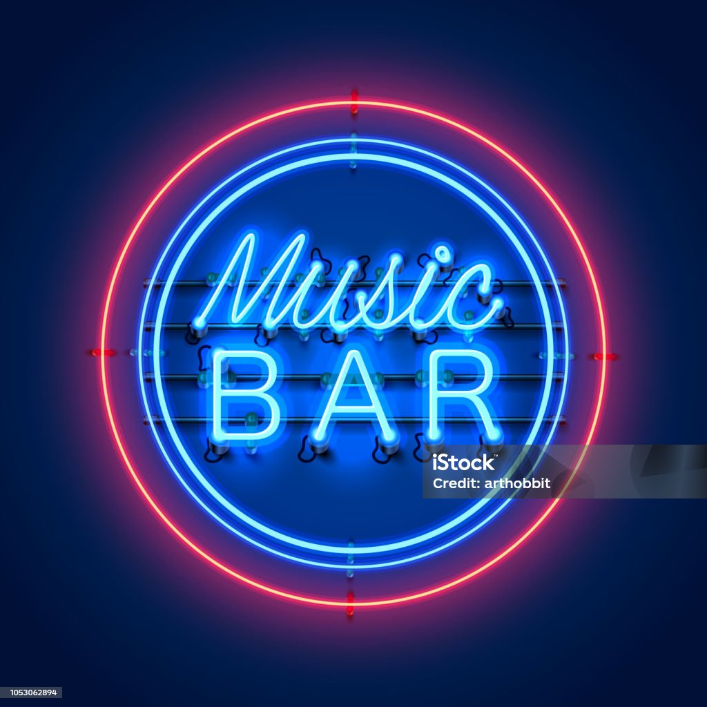 Neon Musik Bar Schild Auf Rotem Hintergrund Stock Vektor Art und