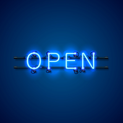 Neon sign with text open, entrance is available. Vector illustration