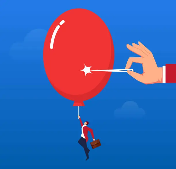 Vector illustration of Pulling a businessman's rising balloon is pierced by a needle