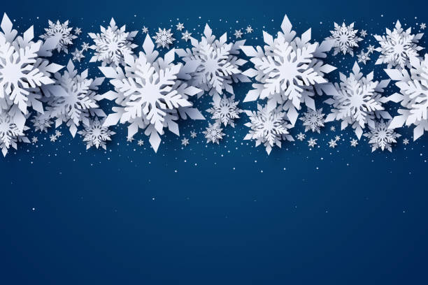 Vector Merry Christmas and Happy New Year banner Vector Merry Christmas and Happy New Year greeting card design with white layered paper cut snowflakes on dark blue background. Seasonal Christmas and New Year holidays paper art banner, poster december stock illustrations