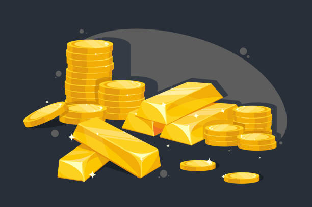 ilustrações, clipart, desenhos animados e ícones de muitas barras de ouro e moedas. - gold ingot coin bullion